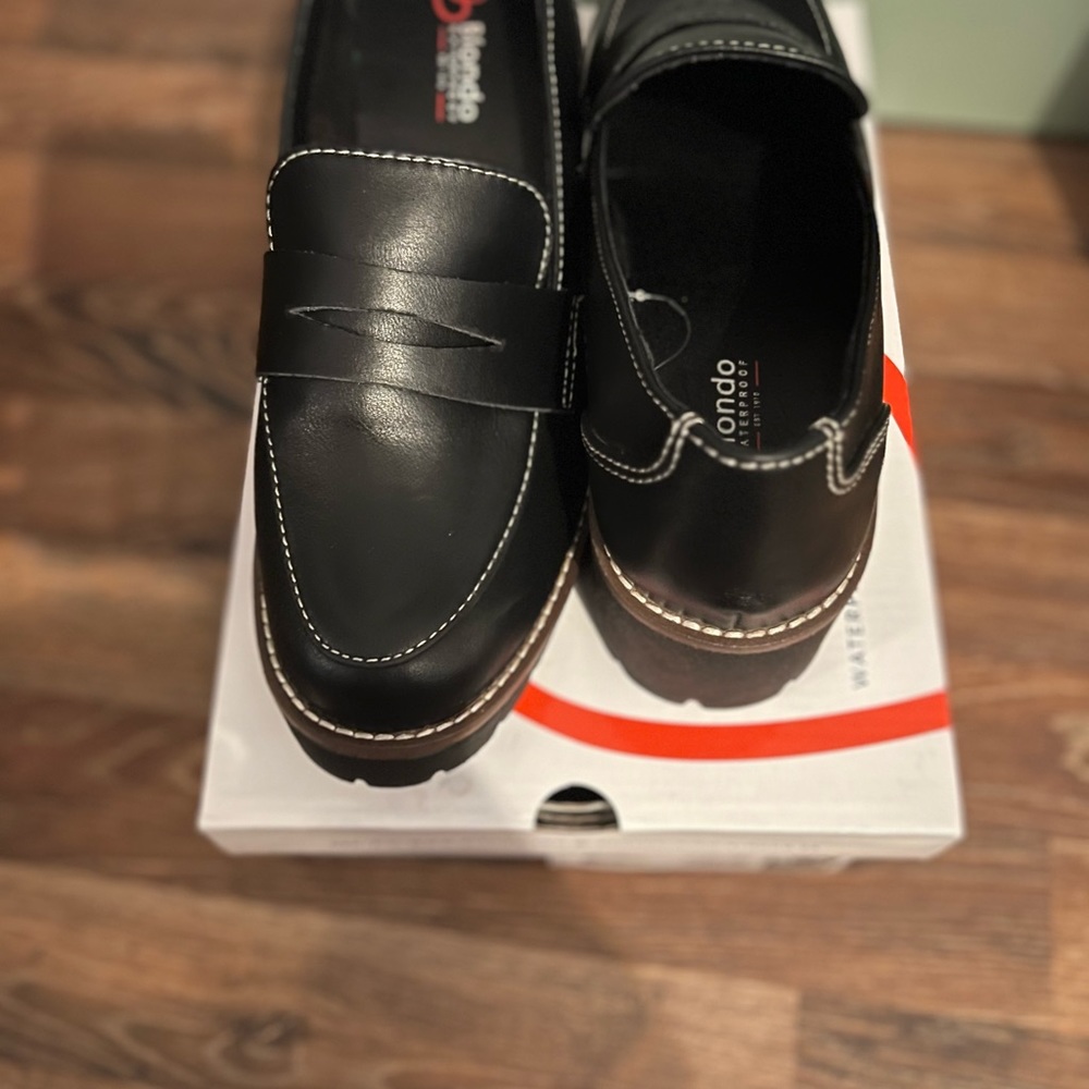 black leather loafers